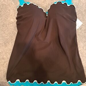 NWT Profile by Gottex  Swimwear Tankini Top. Brown. 34E Cup. Ruffle Hem